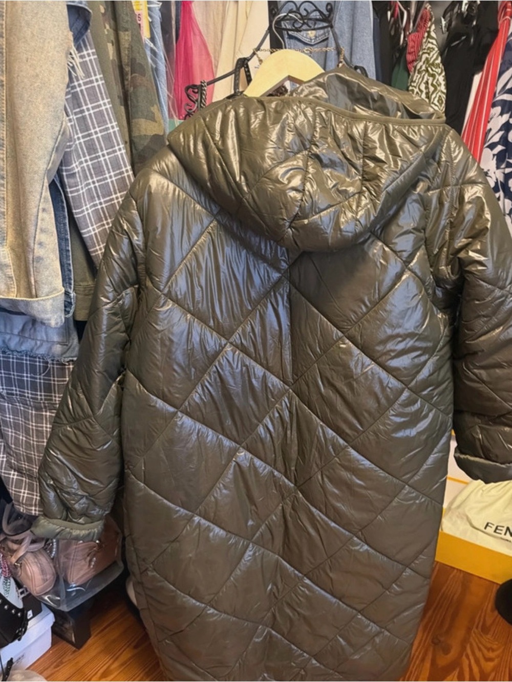 Fashion Nova Quilted Hooded Puffer Coat in Olive